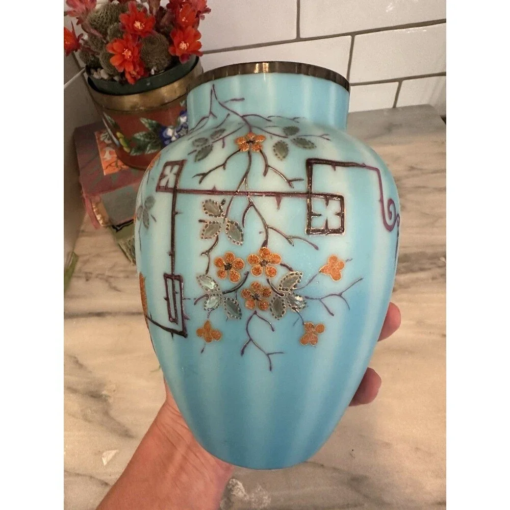 Gorgeous Antique Cased Satin Blue Glass Vase Raised Art Deco Bird Flowers